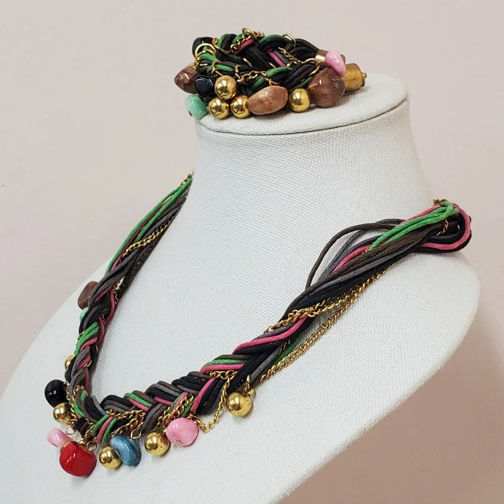 Bohemian Boho Statement‎ Braided Cord Necklace & Bracelet Set